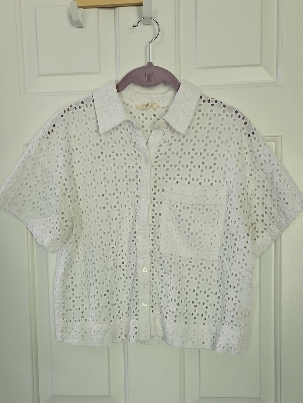 Marled White Eyelet Short-Sleeve Button-Down Shirt